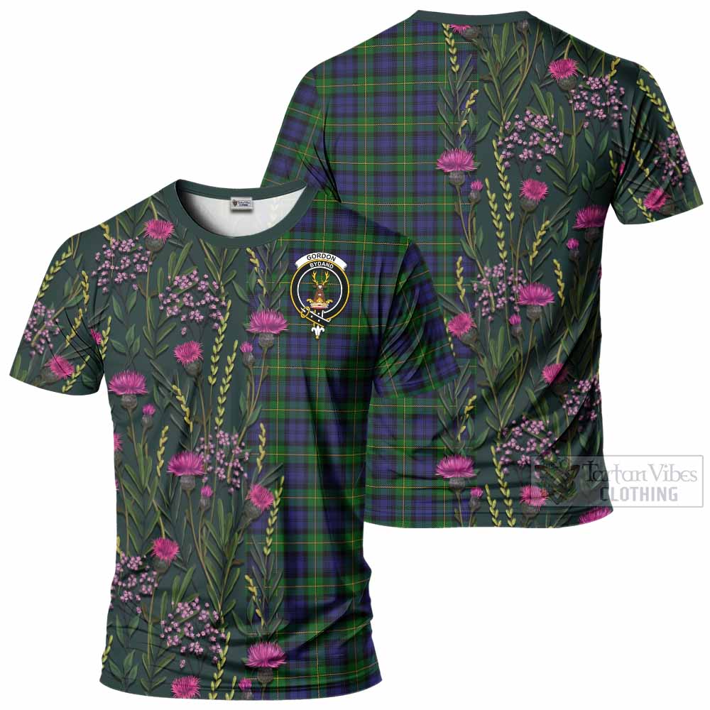 Gordon Family Crest Tartan T-Shirt Scottish Thistle Flower Pattern Half Style - Tartan Vibes Clothing