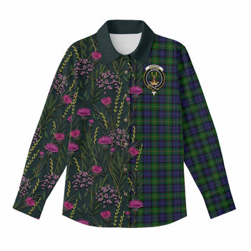 Gordon Family Crest Tartan Women Casual Shirt Scottish Thistle Flower Pattern Half Style