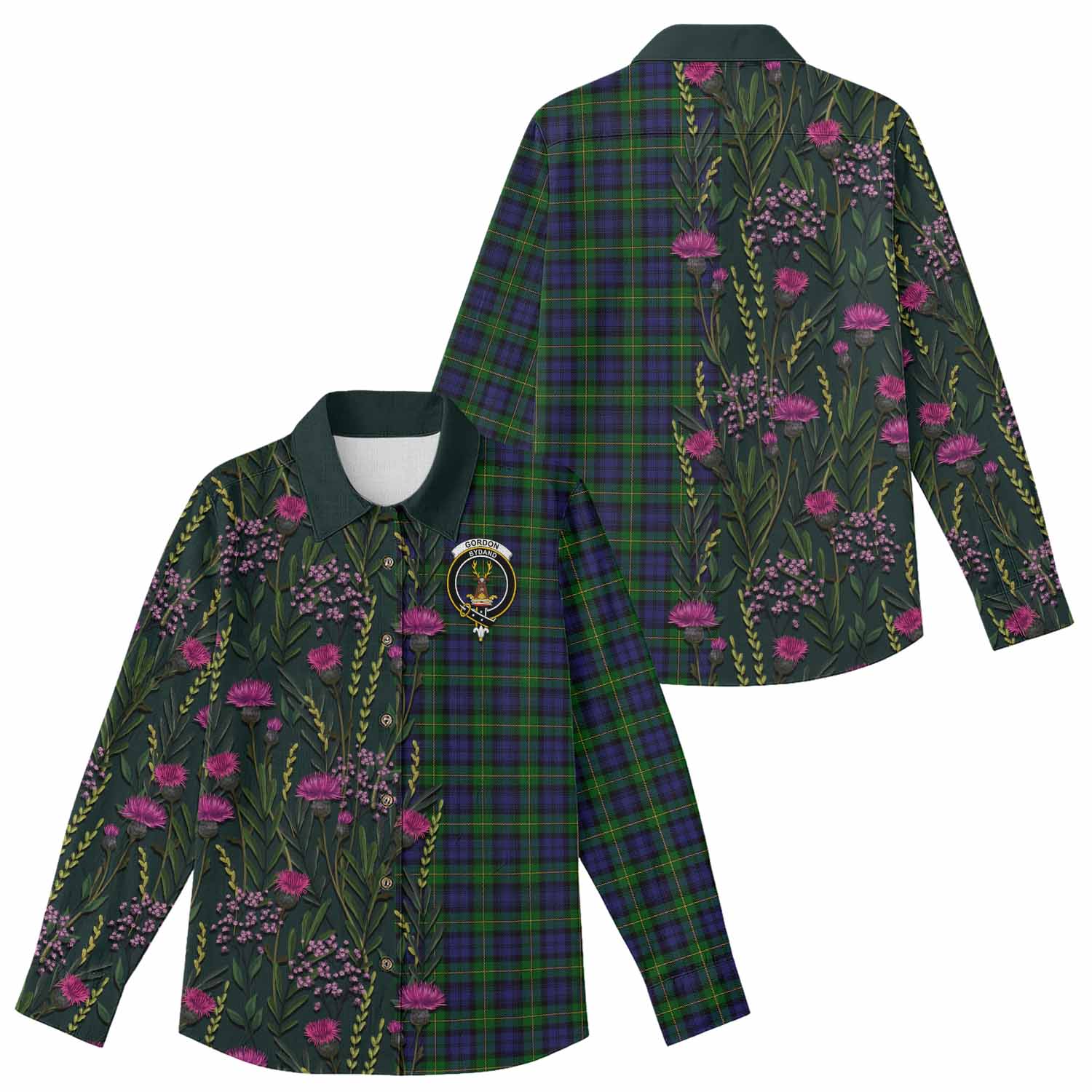 Gordon Family Crest Tartan Women Casual Shirt Scottish Thistle Flower Pattern Half Style - Tartan Vibes Clothing