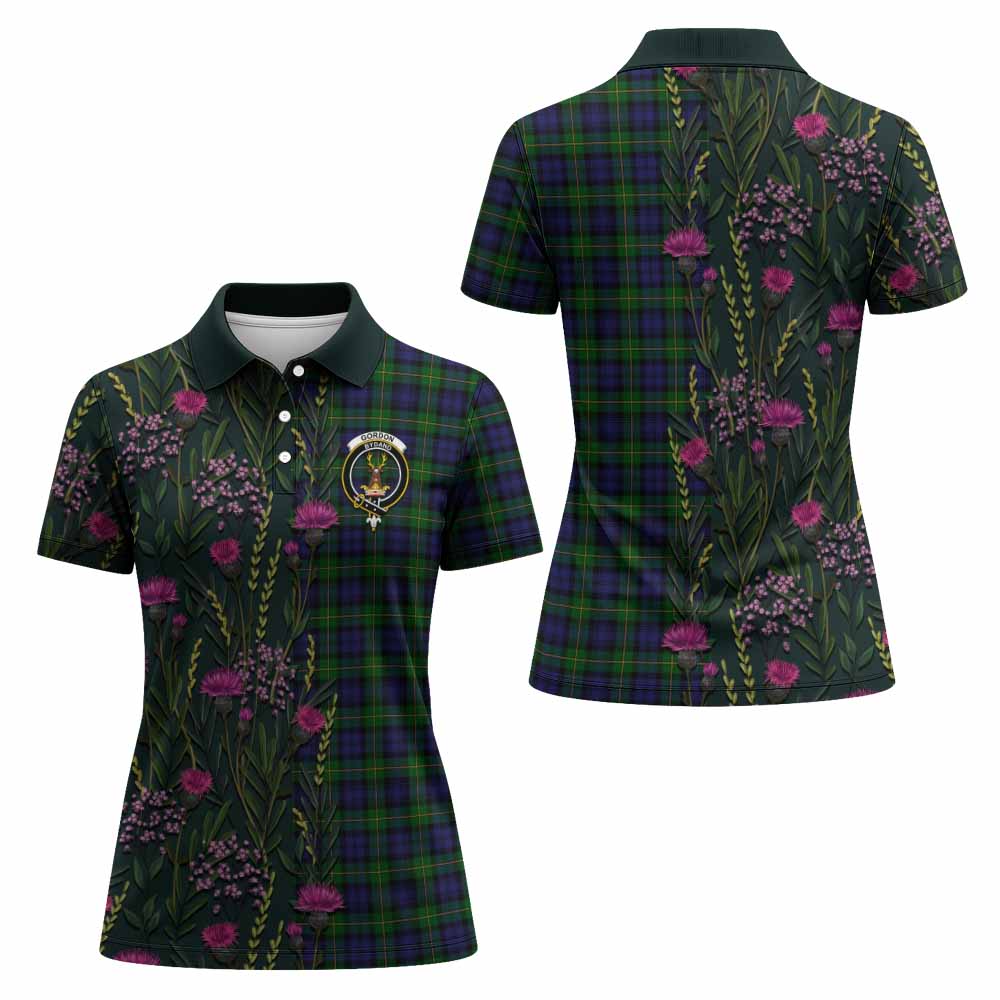 Gordon Family Crest Tartan Women Polo Shirt Scottish Thistle Flower Pattern Half Style - Tartan Vibes Clothing