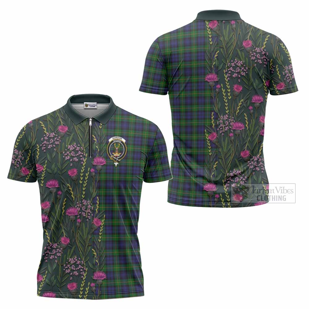 Gordon Family Crest Tartan Zipper Polo Shirt Scottish Thistle Flower Pattern Half Style - Tartan Vibes Clothing