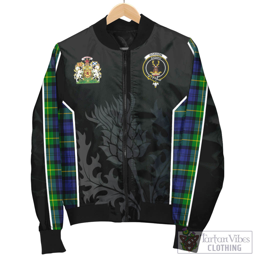 Tartan Vibes Clothing Gordon Modern Tartan Bomber Jacket with Family Crest and Scottish Thistle Vibes Sport Style