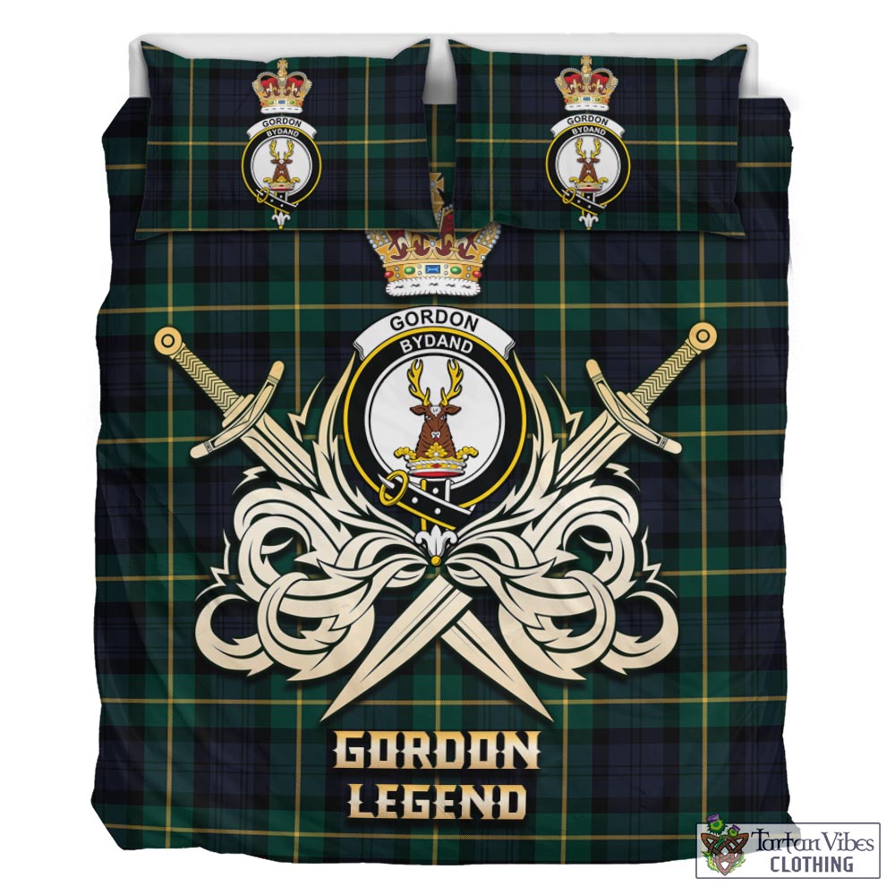 Tartan Vibes Clothing Gordon Old Tartan Bedding Set with Clan Crest and the Golden Sword of Courageous Legacy