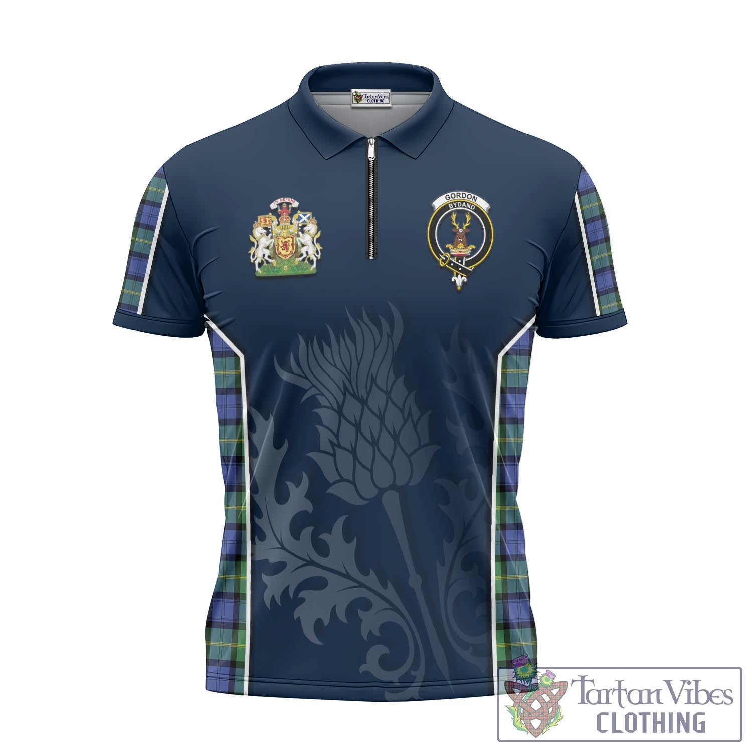 Tartan Vibes Clothing Gordon Old Ancient Tartan Zipper Polo Shirt with Family Crest and Scottish Thistle Vibes Sport Style