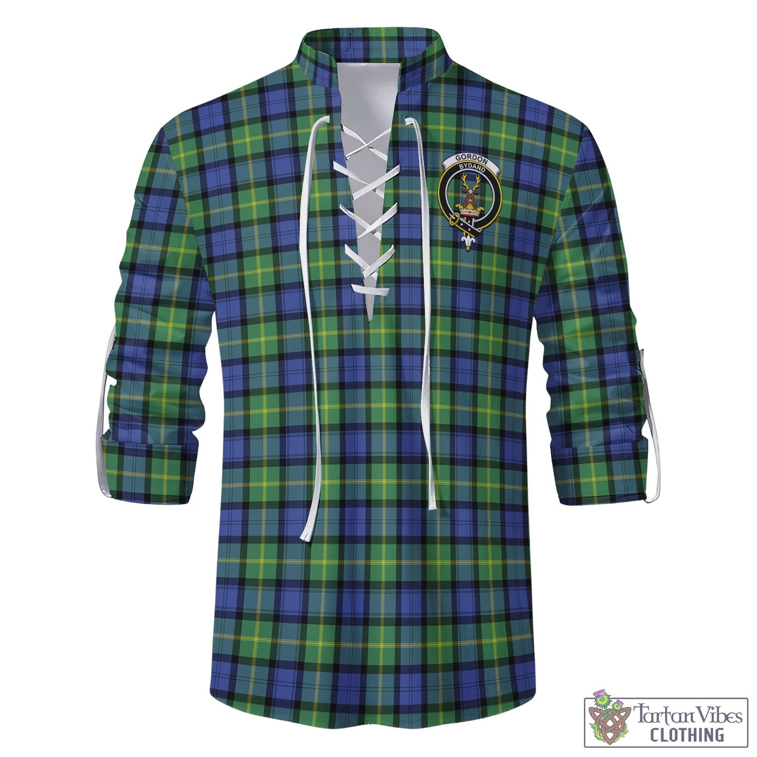 Tartan Vibes Clothing Gordon Old Ancient Tartan Men's Scottish Traditional Jacobite Ghillie Kilt Shirt with Family Crest