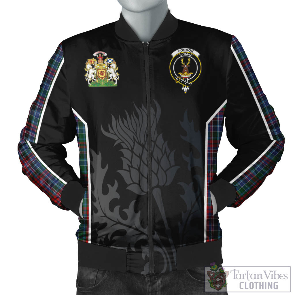 Tartan Vibes Clothing Gordon Red Tartan Bomber Jacket with Family Crest and Scottish Thistle Vibes Sport Style
