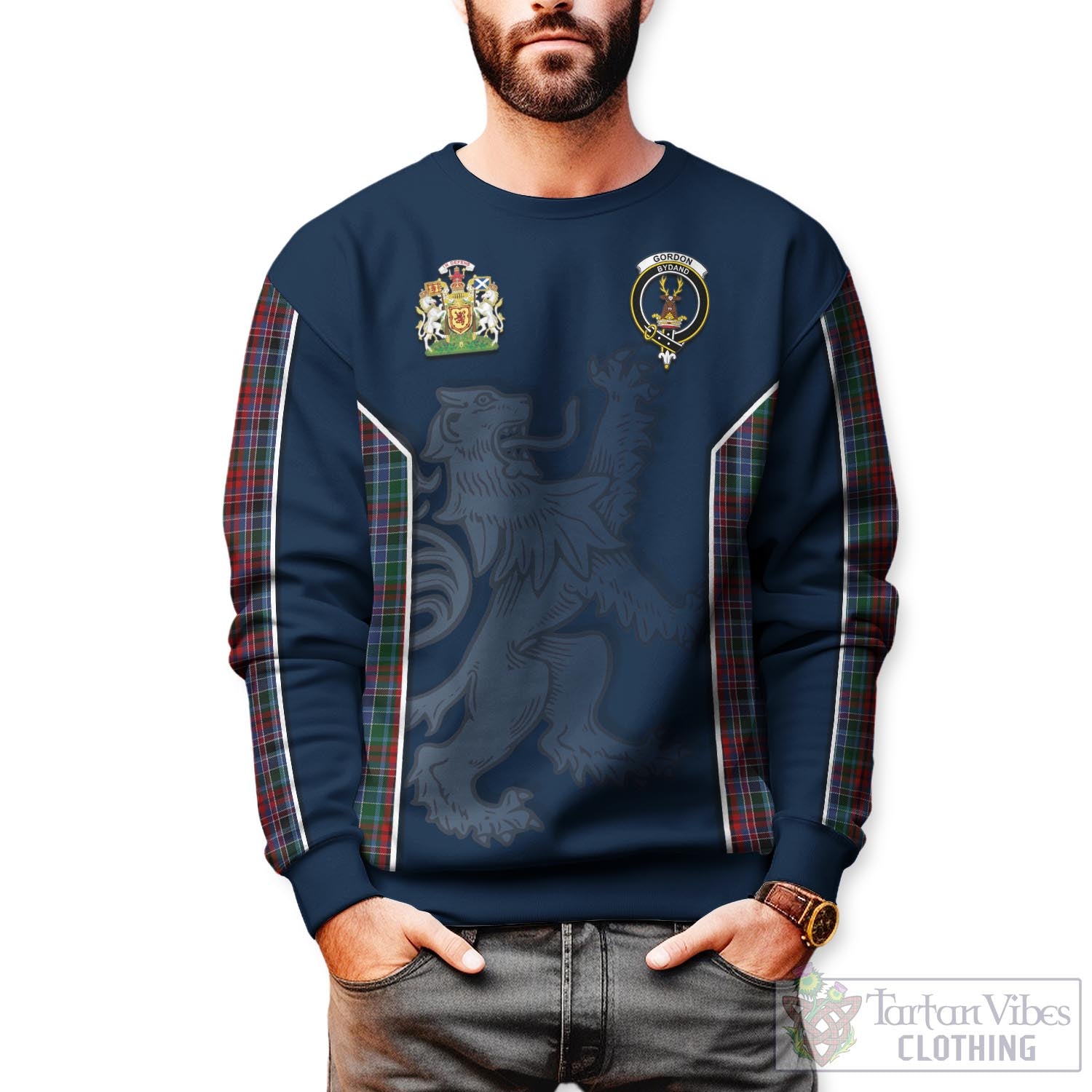 Tartan Vibes Clothing Gordon Red Tartan Sweater with Family Crest and Lion Rampant Vibes Sport Style