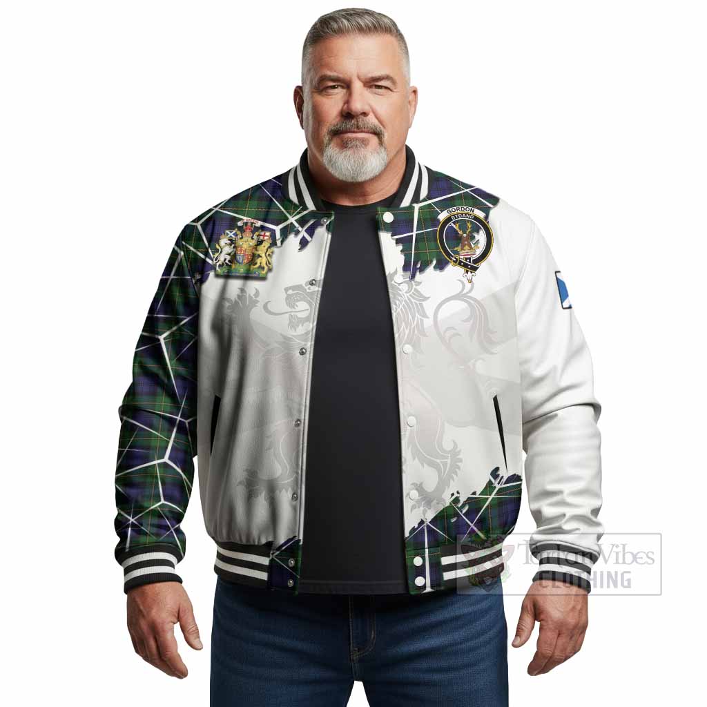 Gordon Tartan Baseball Jacket with Family Crest and Lion Rampant Grunge Style