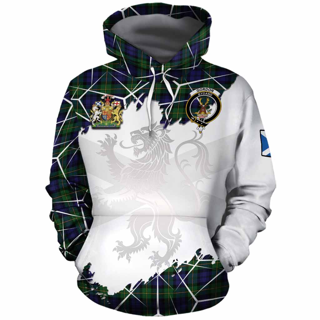 Gordon Tartan Cotton Hoodie with Family Crest and Lion Rampant Grunge Style