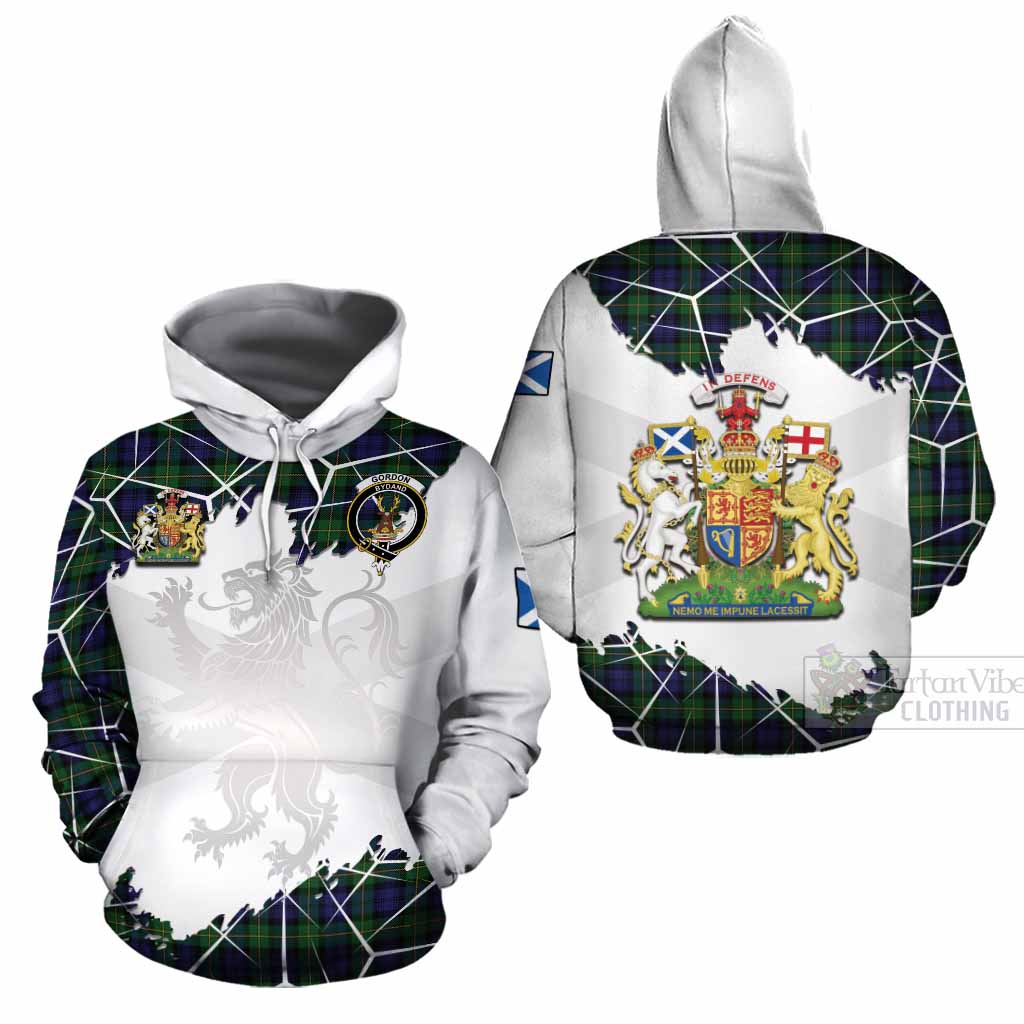 Gordon Tartan Cotton Hoodie with Family Crest and Lion Rampant Grunge Style
