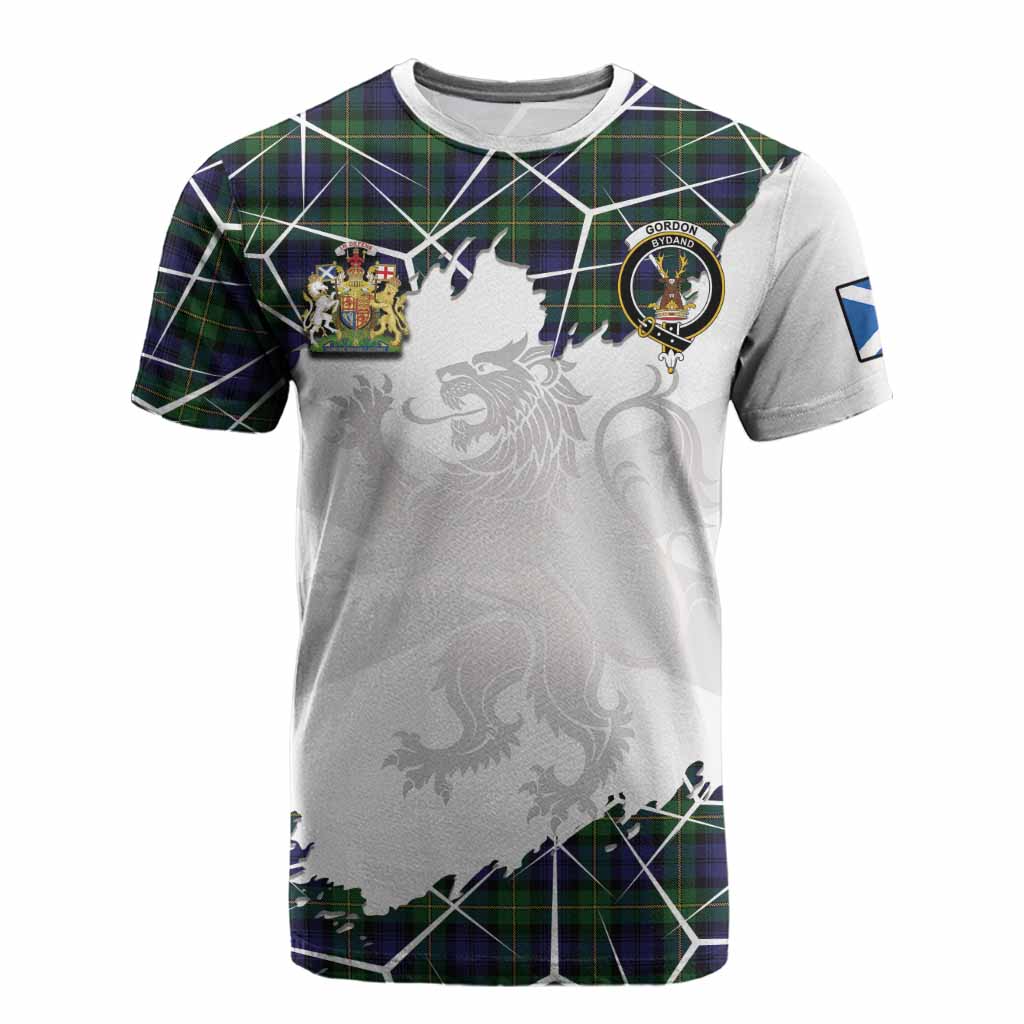 Gordon Tartan Cotton T-shirt with Family Crest and Lion Rampant Grunge Style