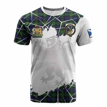 Gordon Tartan Cotton T-shirt with Family Crest and Lion Rampant Grunge Style