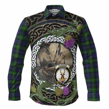 Gordon Tartan Crest Bagpipe Nessie Long Sleeve Button Shirts Scottish Loch Ness Monster Celtic Thistle