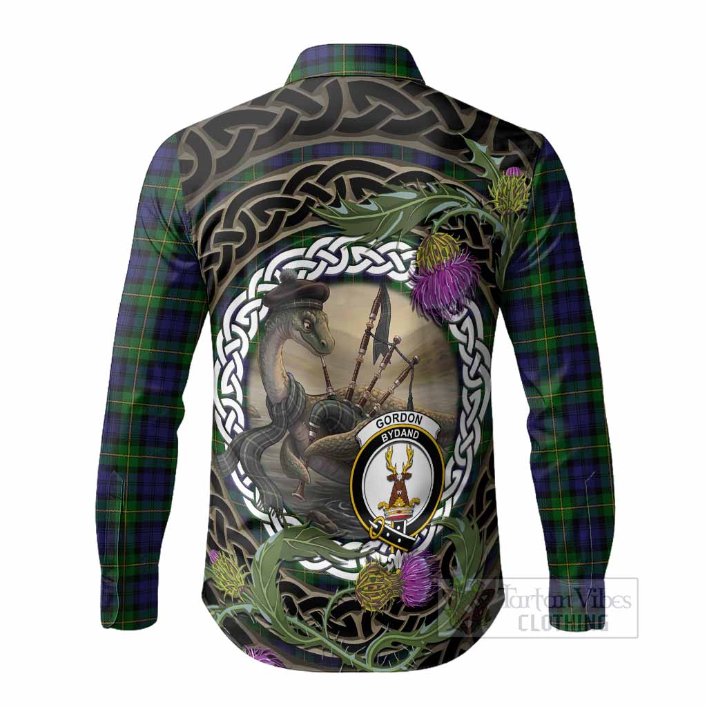 Gordon Tartan Crest Bagpipe Nessie Long Sleeve Button Shirts Scottish Loch Ness Monster Celtic Thistle