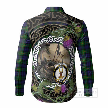 Gordon Tartan Crest Bagpipe Nessie Long Sleeve Button Shirts Scottish Loch Ness Monster Celtic Thistle