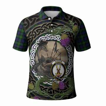 Gordon Tartan Crest Bagpipe Nessie Polo Shirt Scottish Loch Ness Monster Celtic Thistle