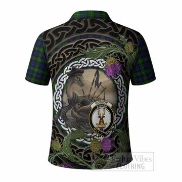 Gordon Tartan Crest Bagpipe Nessie Polo Shirt Scottish Loch Ness Monster Celtic Thistle