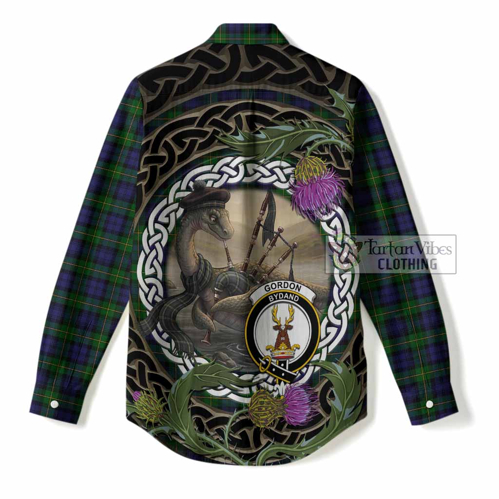 Gordon Tartan Crest Bagpipe Nessie Women Casual Shirt Scottish Loch Ness Monster Celtic Thistle