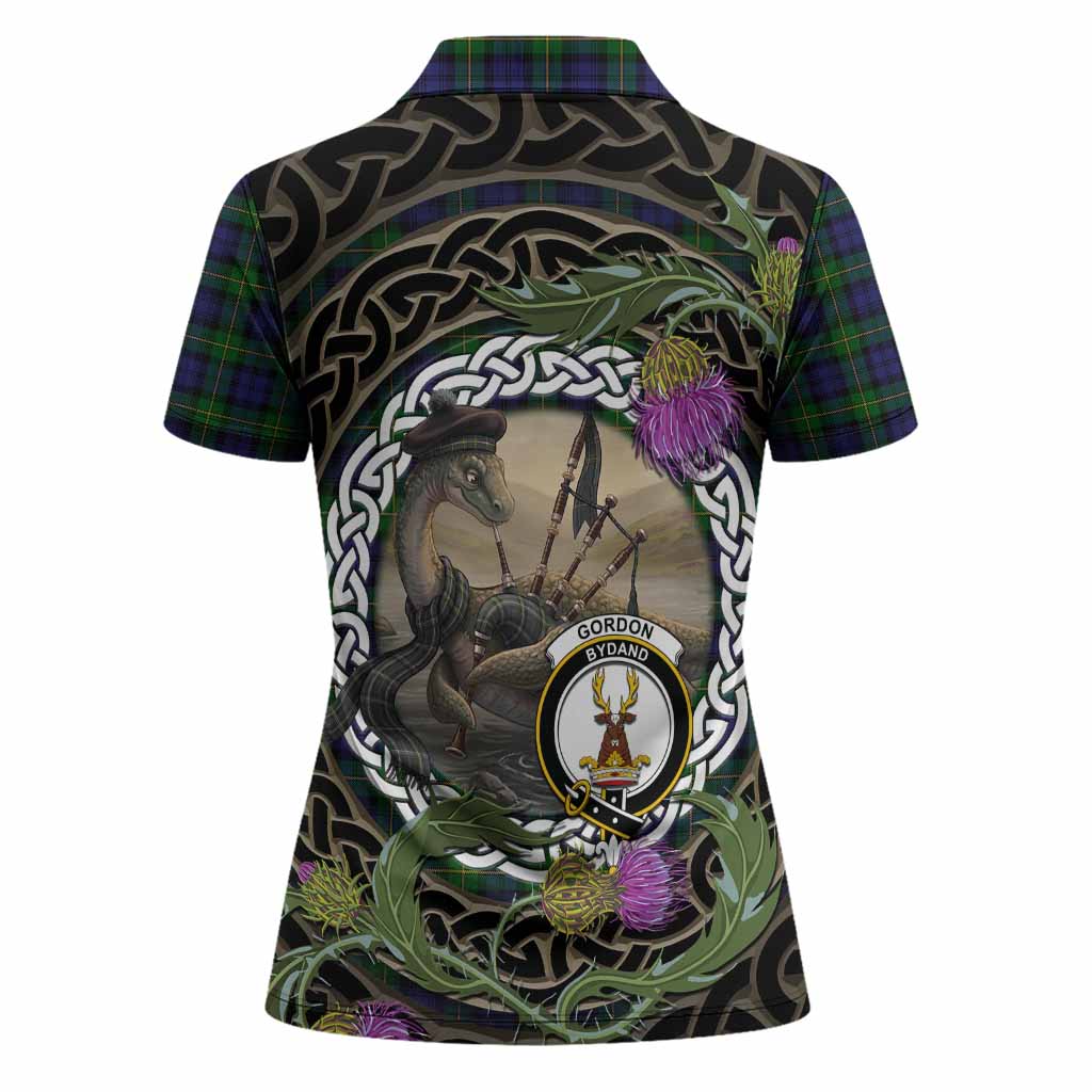 Gordon Tartan Crest Bagpipe Nessie Women Polo Shirt Scottish Loch Ness Monster Celtic Thistle