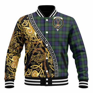 Gordon Tartan Crest Baseball Jacket Celtic Knot and Triple Trickle Spiral Symbols