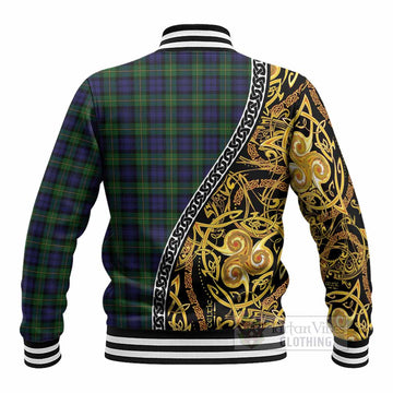 Gordon Tartan Crest Baseball Jacket Celtic Knot and Triple Trickle Spiral Symbols