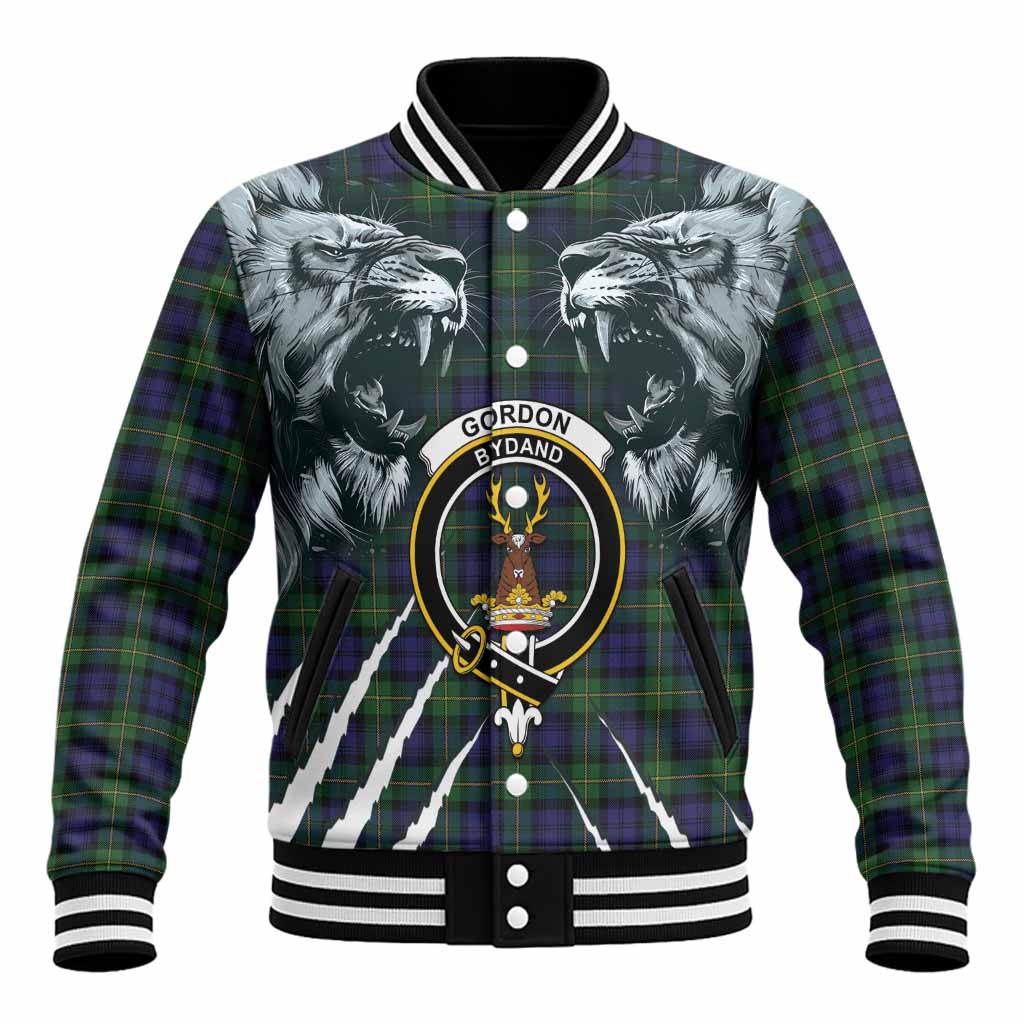Gordon Tartan Crest Baseball Jacket Ferocious Lion Style
