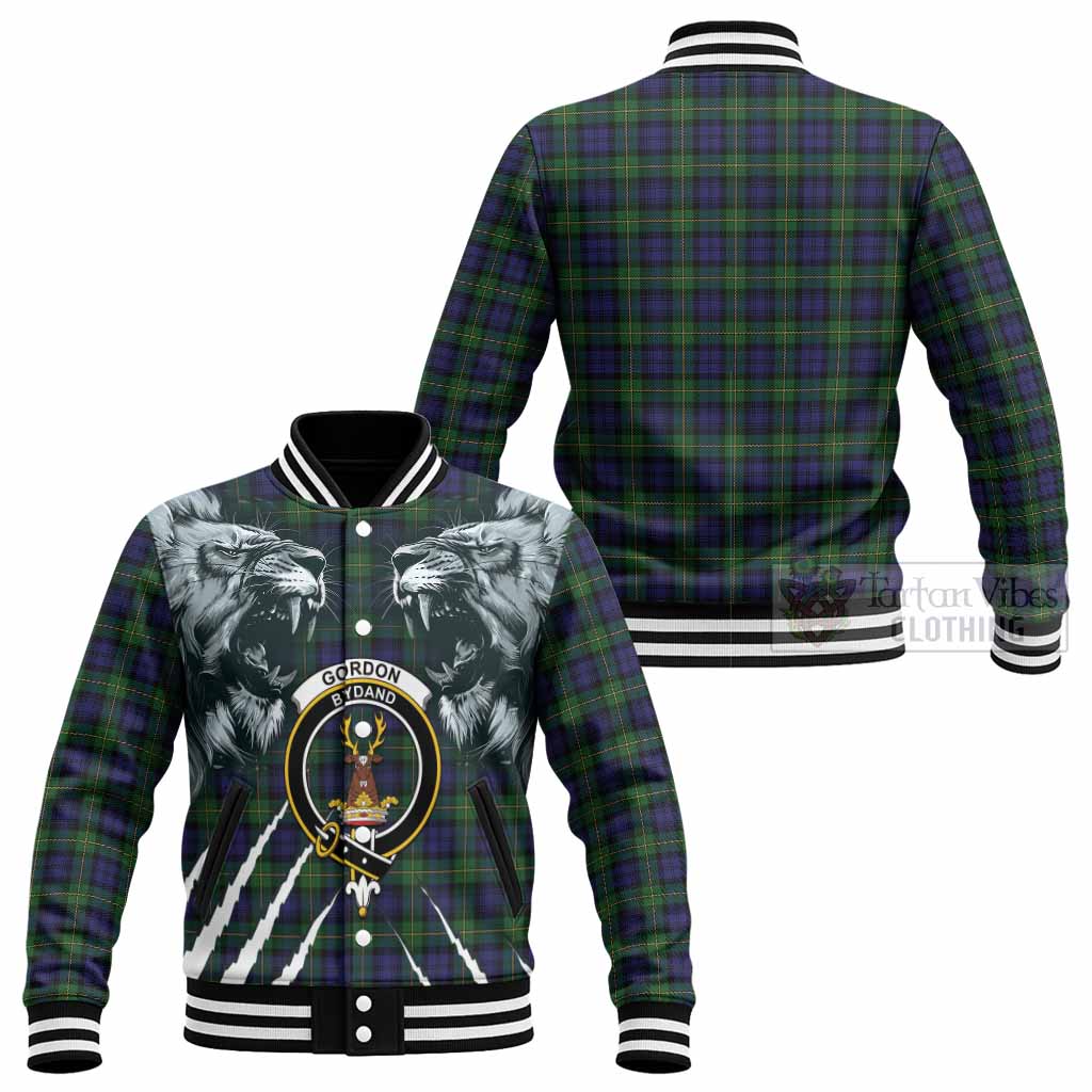 Gordon Tartan Crest Baseball Jacket Ferocious Lion Style
