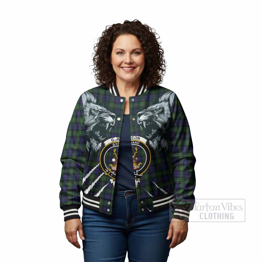 Gordon Tartan Crest Baseball Jacket Ferocious Lion Style