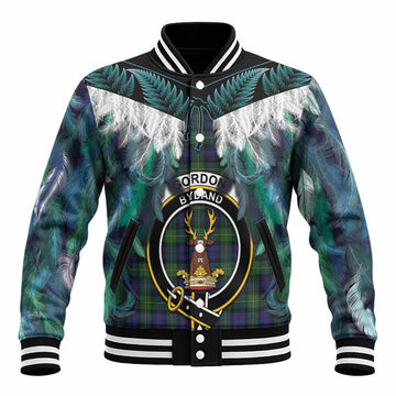 Gordon Tartan Crest Baseball Jacket New Zealand Maori Korowai Cloak