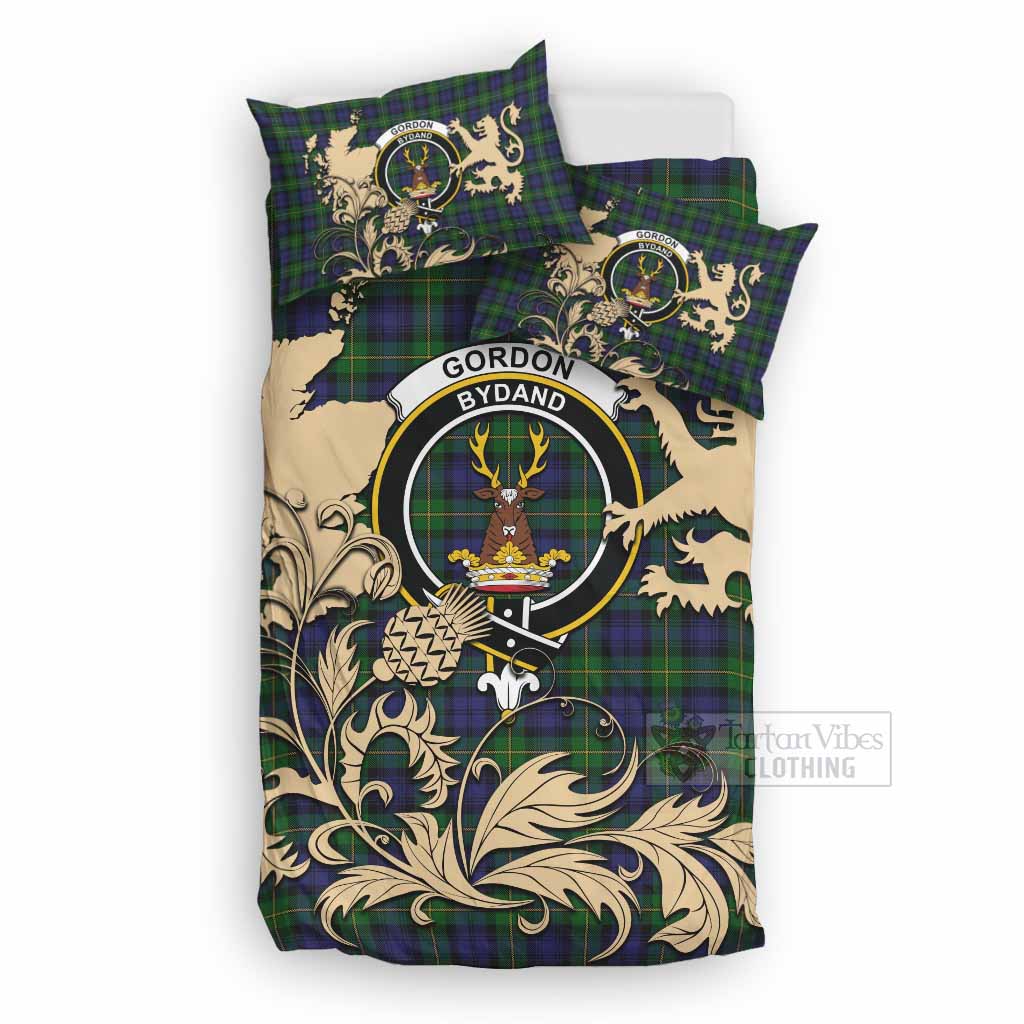 Gordon Tartan Crest Bedding Set with Scottish Iconic Symbols 