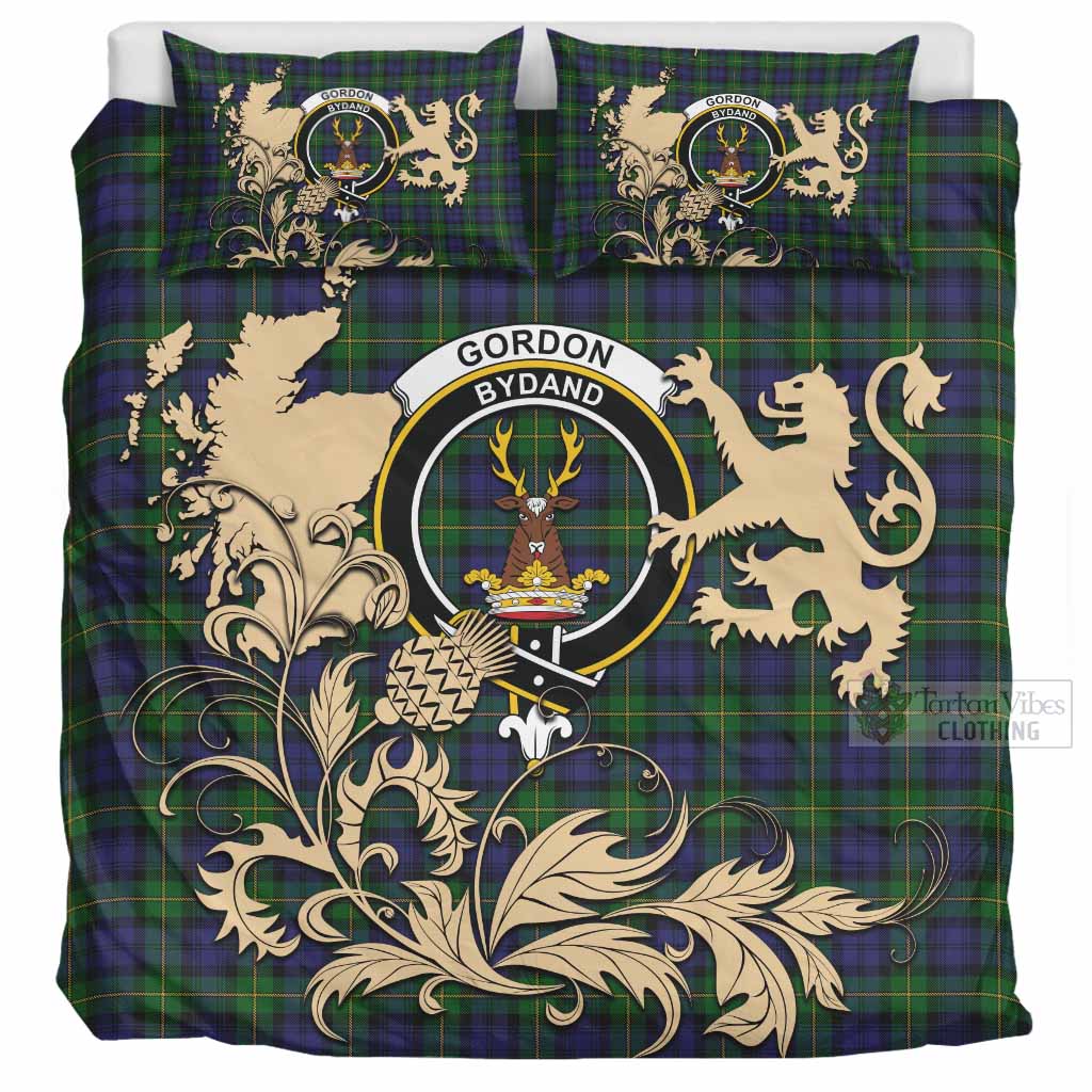 Gordon Tartan Crest Bedding Set with Scottish Iconic Symbols 