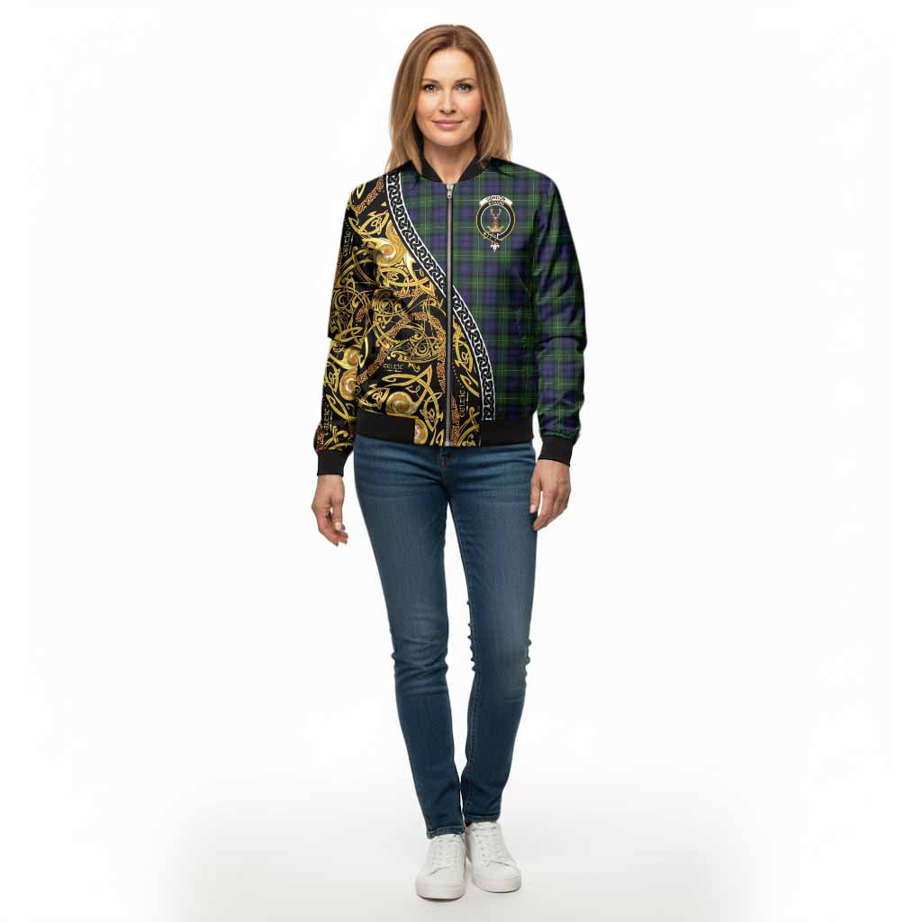 Gordon Tartan Crest Bomber Jacket Celtic Knot and Triple Trickle Spiral Symbols