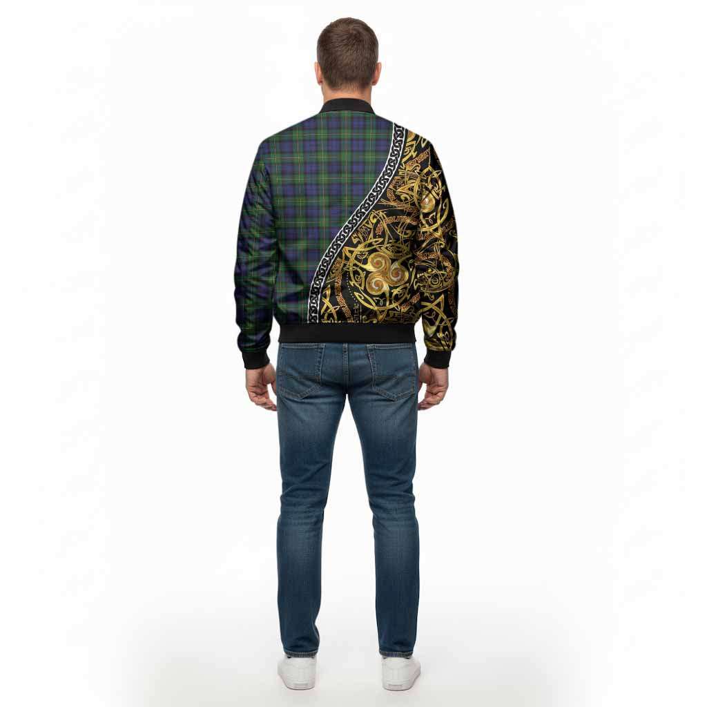 Gordon Tartan Crest Bomber Jacket Celtic Knot and Triple Trickle Spiral Symbols