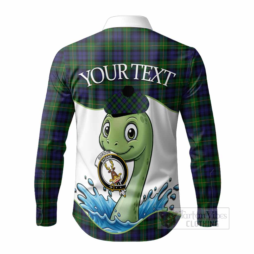 Gordon Tartan Crest Cute Nessie Long Sleeve Button Shirts Scottish Loch Ness Monster