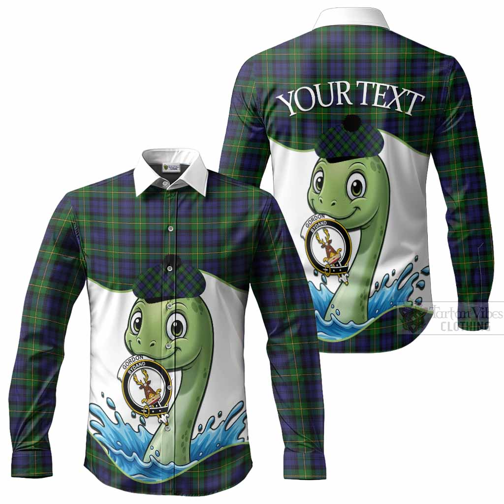 Gordon Tartan Crest Cute Nessie Long Sleeve Button Shirts Scottish Loch Ness Monster