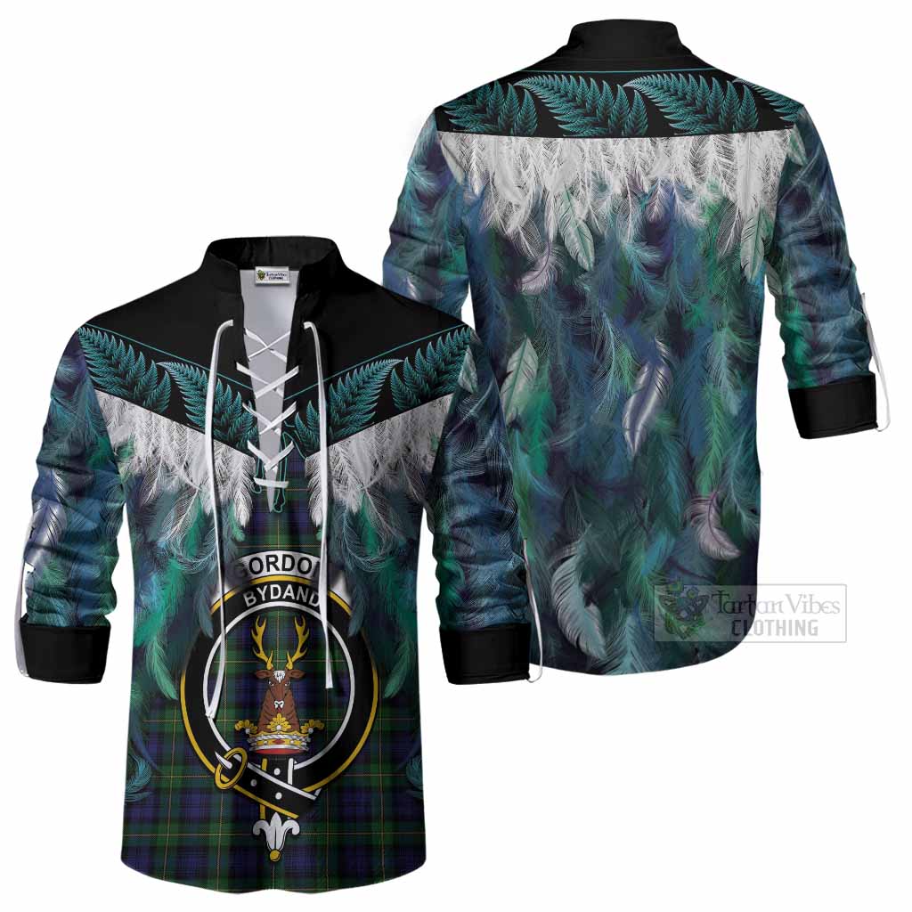 Gordon Tartan Crest Ghillie Shirt New Zealand Maori Korowai Cloak