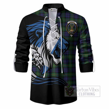 Gordon Tartan Crest Ghillie Shirt Scottish Golden Lions Wave Flow