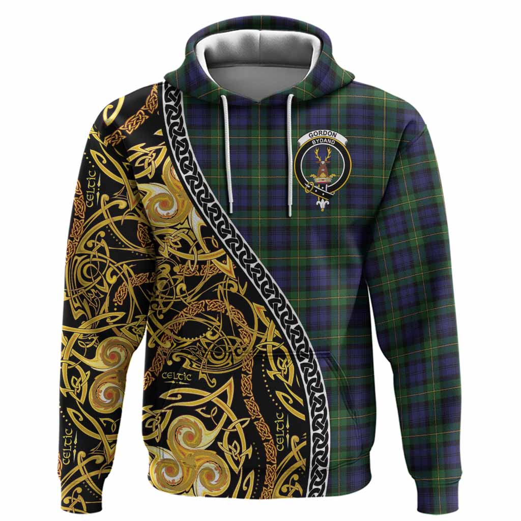 Gordon Tartan Crest Hoodie Celtic Knot and Triple Trickle Spiral Symbols