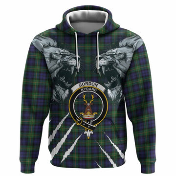 Gordon Tartan Crest Hoodie Ferocious Lion Style