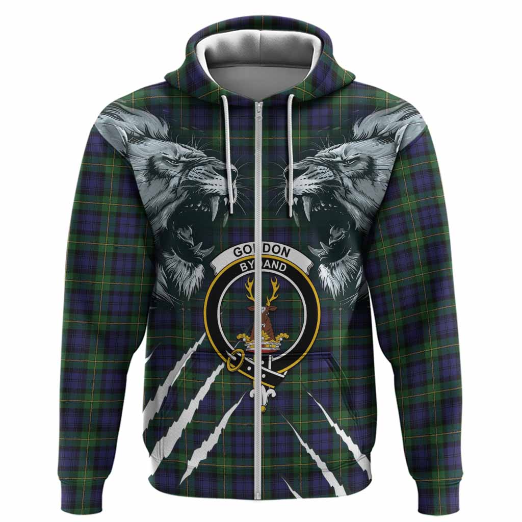Gordon Tartan Crest Hoodie Ferocious Lion Style