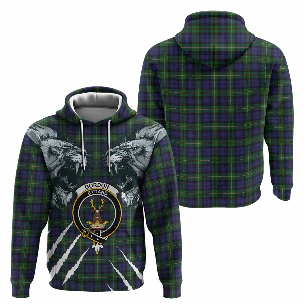 Gordon Tartan Crest Hoodie Ferocious Lion Style