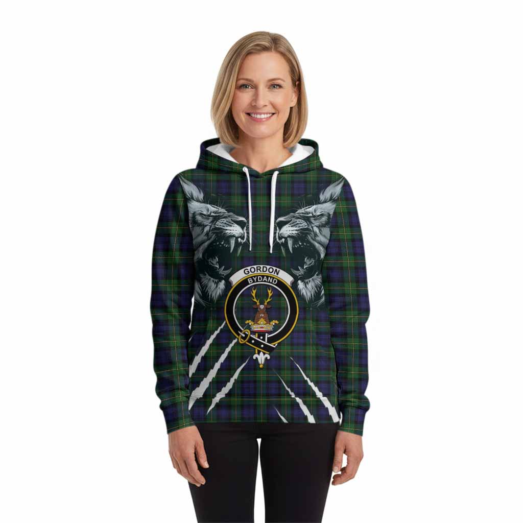 Gordon Tartan Crest Hoodie Ferocious Lion Style