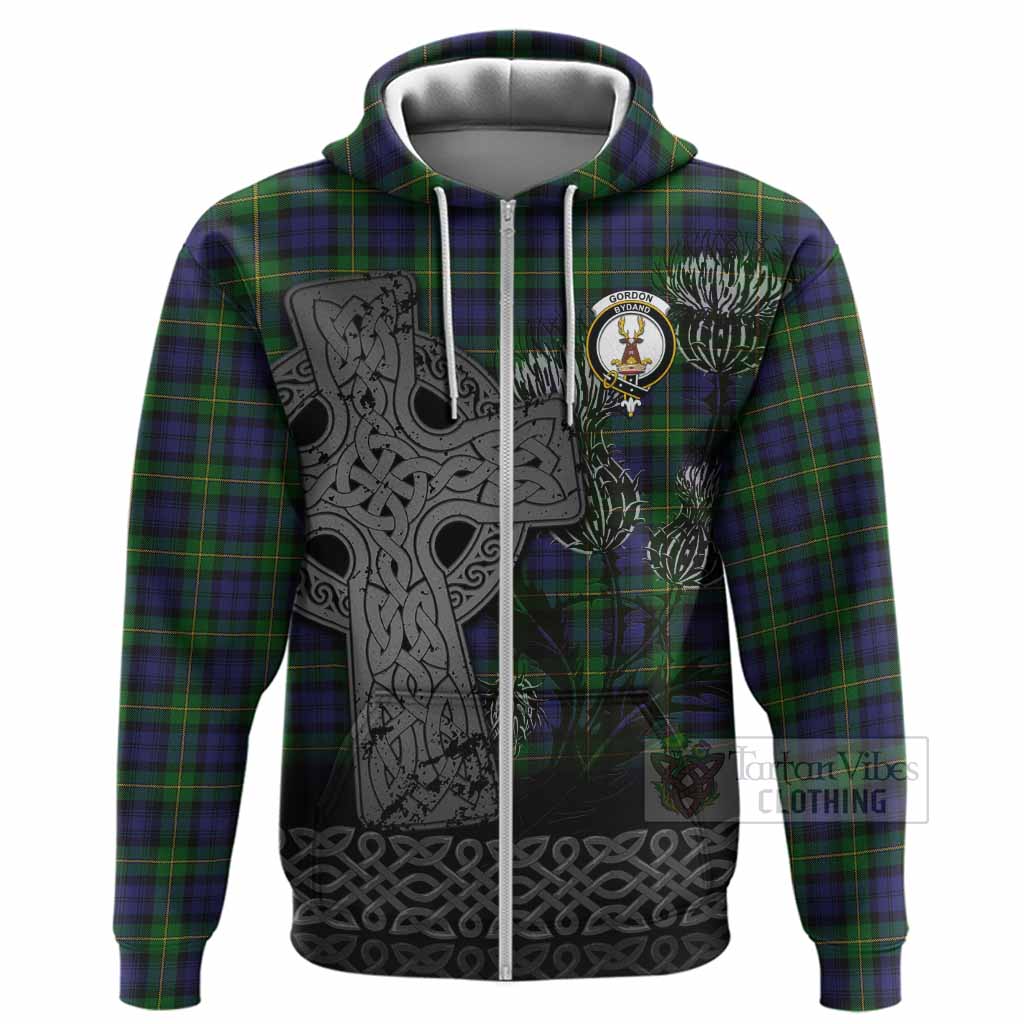 Gordon Tartan Crest Hoodie Grunge Celtic Cross Scottish Thistle