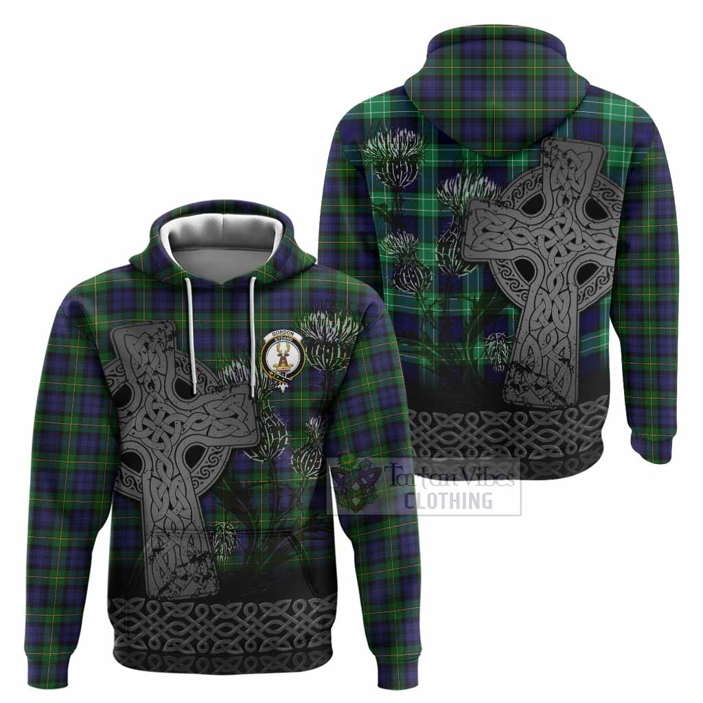 Gordon Tartan Crest Hoodie Grunge Celtic Cross Scottish Thistle