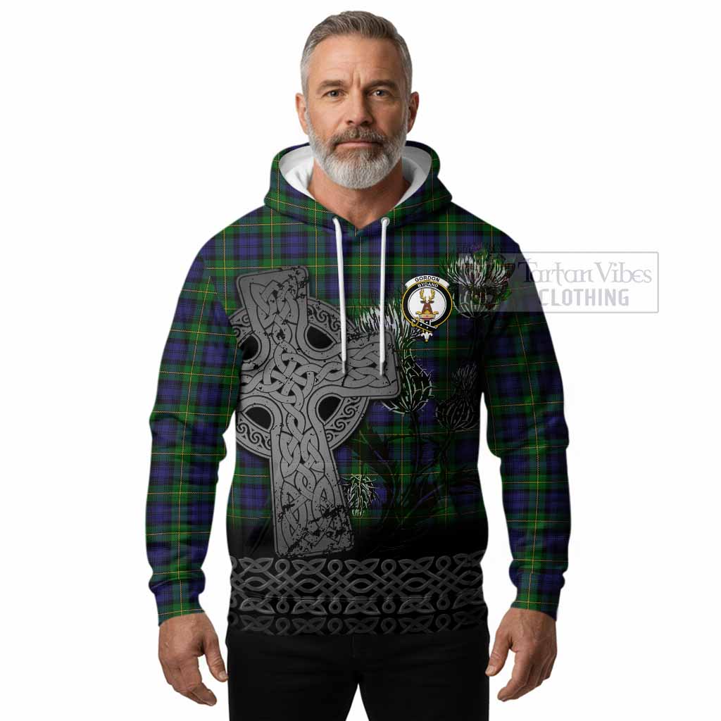 Gordon Tartan Crest Hoodie Grunge Celtic Cross Scottish Thistle