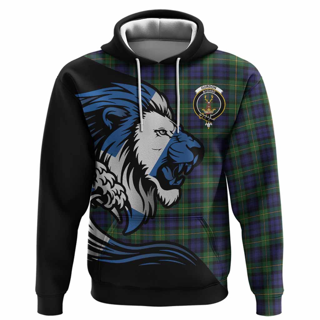 Gordon Tartan Crest Hoodie Scottish Golden Lions Wave Flow