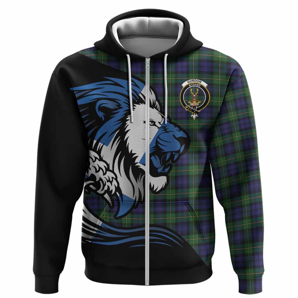 Gordon Tartan Crest Hoodie Scottish Golden Lions Wave Flow