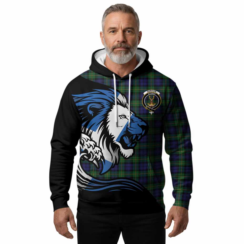 Gordon Tartan Crest Hoodie Scottish Golden Lions Wave Flow