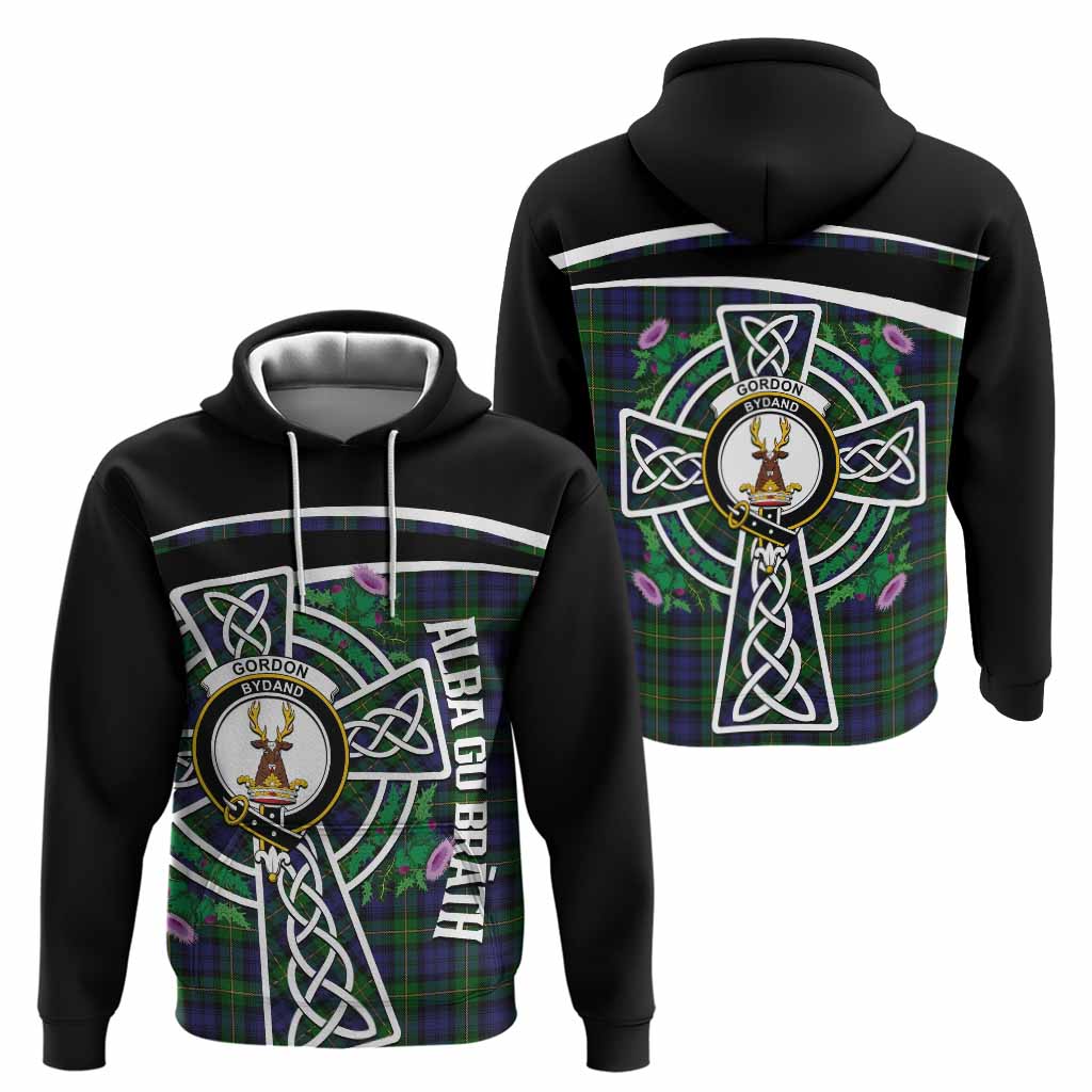 Gordon Tartan Crest Hoodie Scottish Thistle Celtic Cross Alba Gu Brath