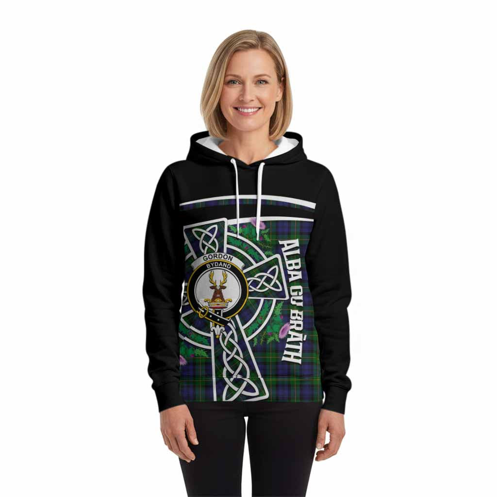 Gordon Tartan Crest Hoodie Scottish Thistle Celtic Cross Alba Gu Brath